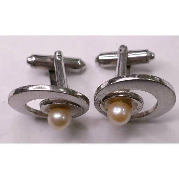 MCM Signed P&K Sterling Silver Atomic Look Cuff Links With Pearls Wedding Prom - Picture 10 of 12
